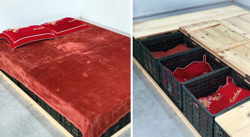 Кровать из пластиковых овощных ящиков с многочисленными местами для хранения - «Сделай сам»